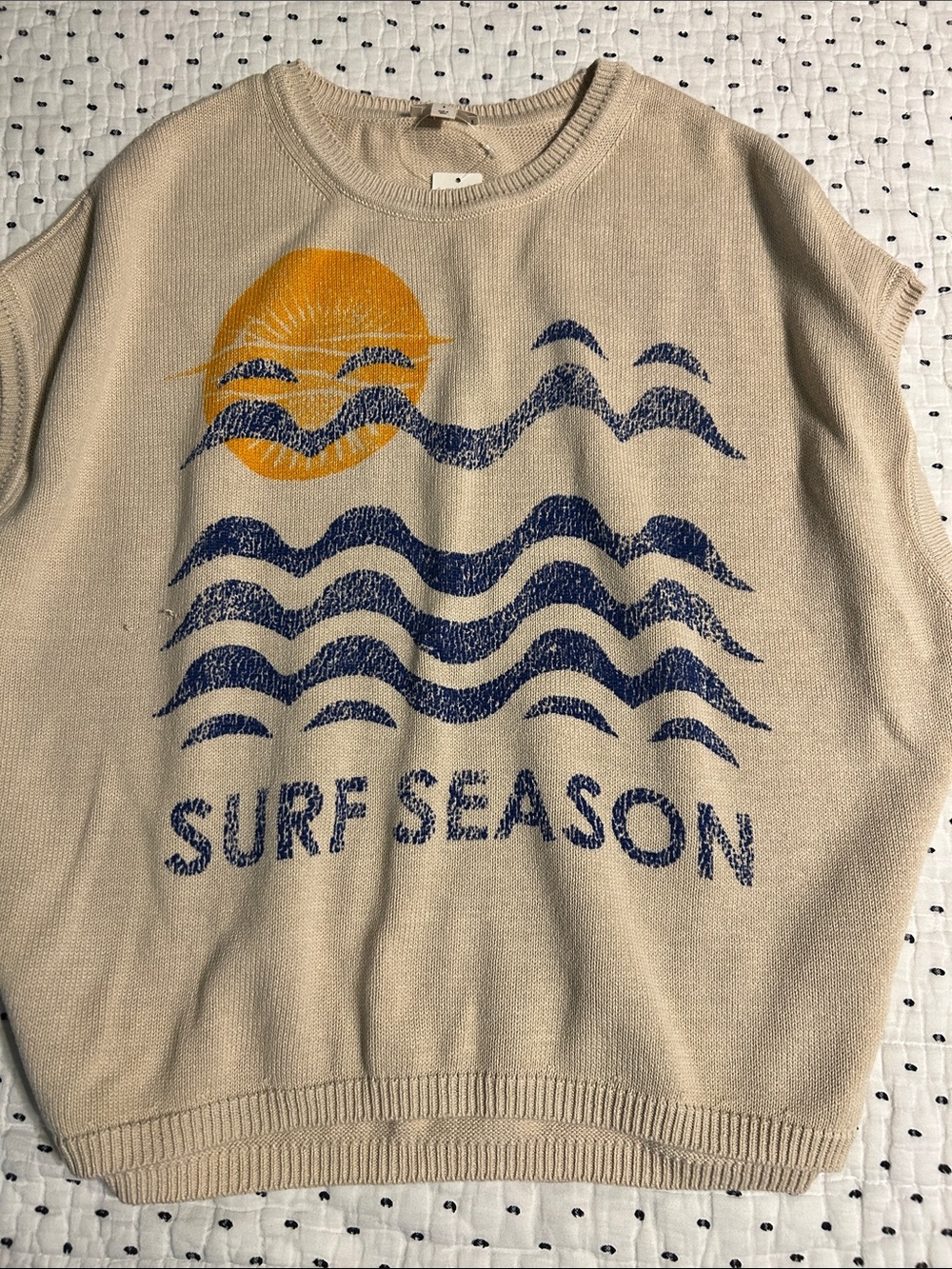 Pilcro Beige Crewneck Sweater with Navy Wave Graphic and Yellow Sun